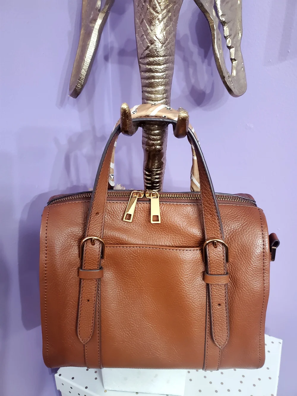 Stylish Brown Women's Satchel Bag with Pearl & Floral Charm